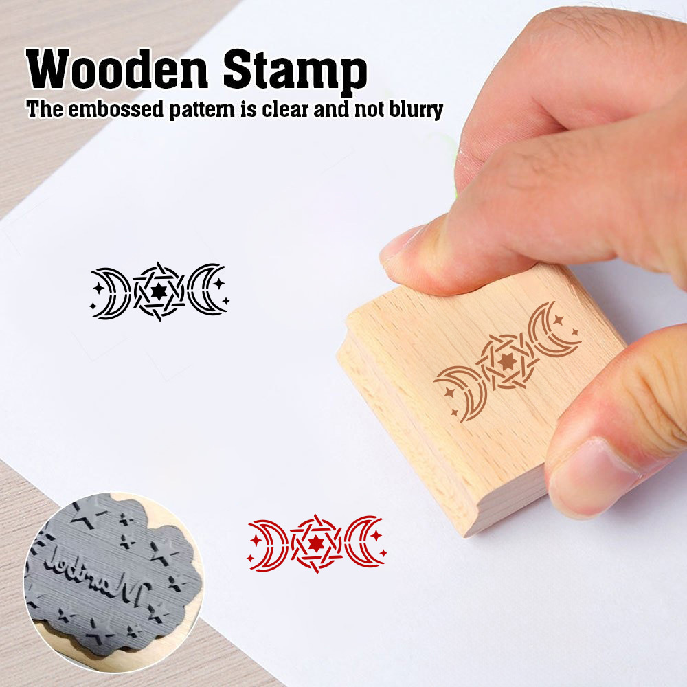 Natural Wooden Rubber Stamp with Moon Life Cycle and Hexagram Design